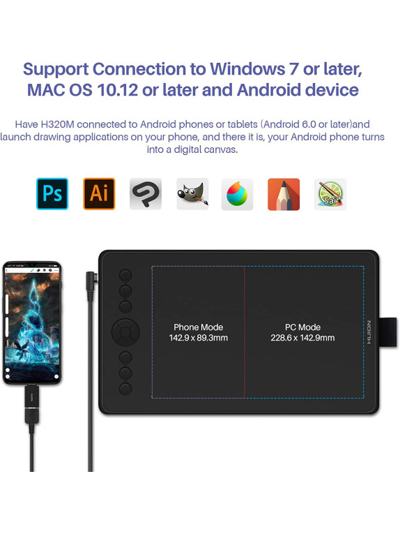 HUION H320M-Blk Grafik çizim tableti